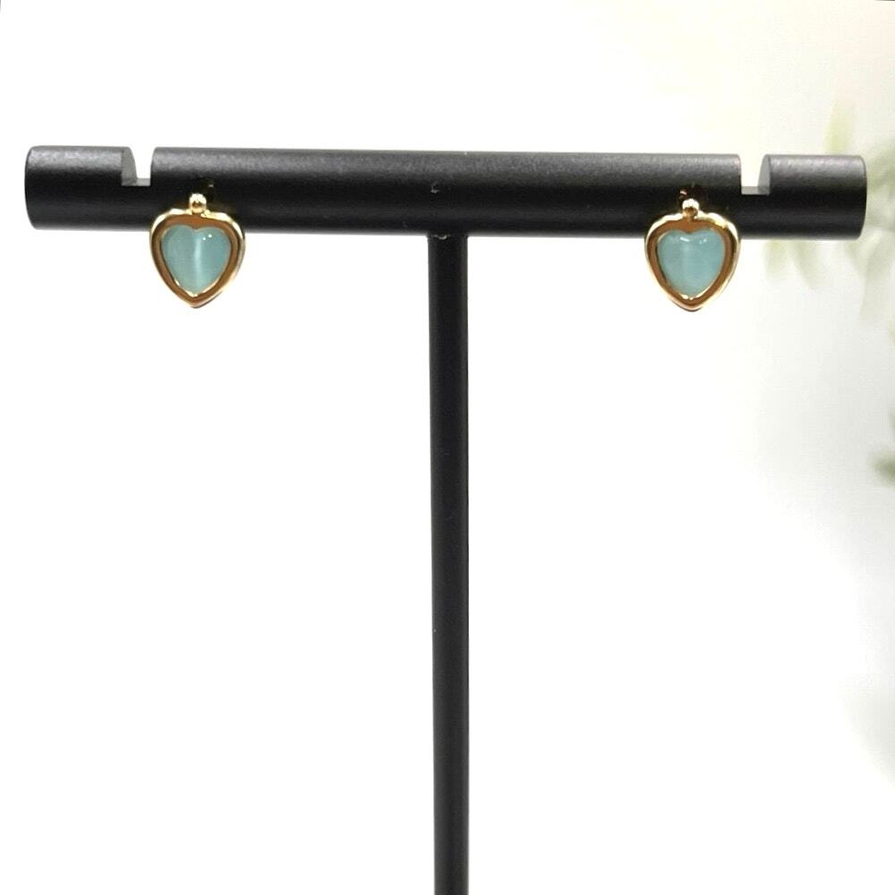 14k Yellow 535 Gold Bezel Set Blue Cats‎ Eye Heart Dainty Small Stud Earrings